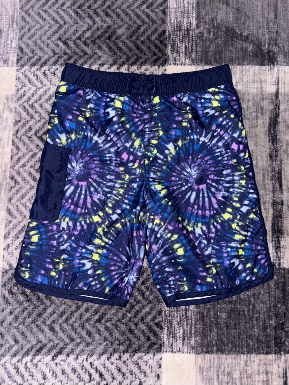 Lands' End Boys Navy Tie-Dye Swim Trunks with Yellow & Purple Accents